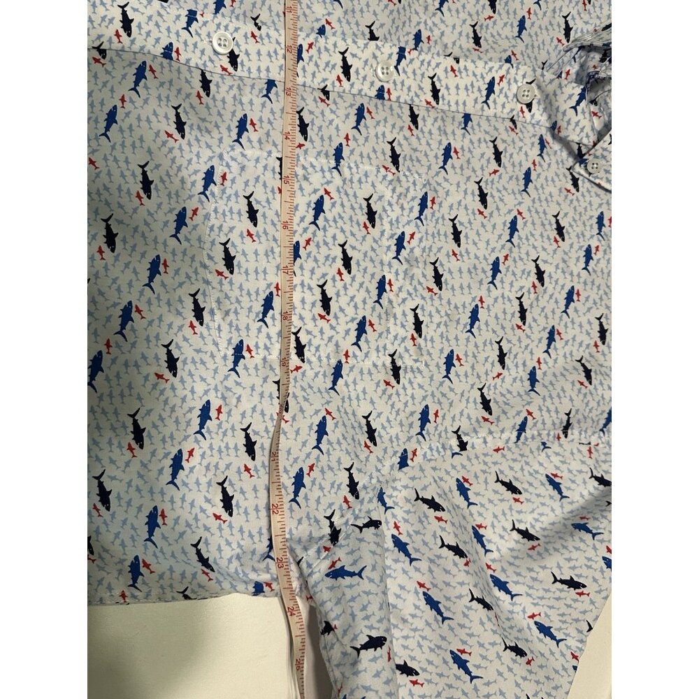 Johnston Murphy Men’s Large Shirt White Blue Geometric Shark Print Short Sleeve - Picture 11 of 11
